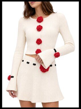 For Love & Lemons Roxana Cardigan Skirt Set Cream Red Rosette Knit M